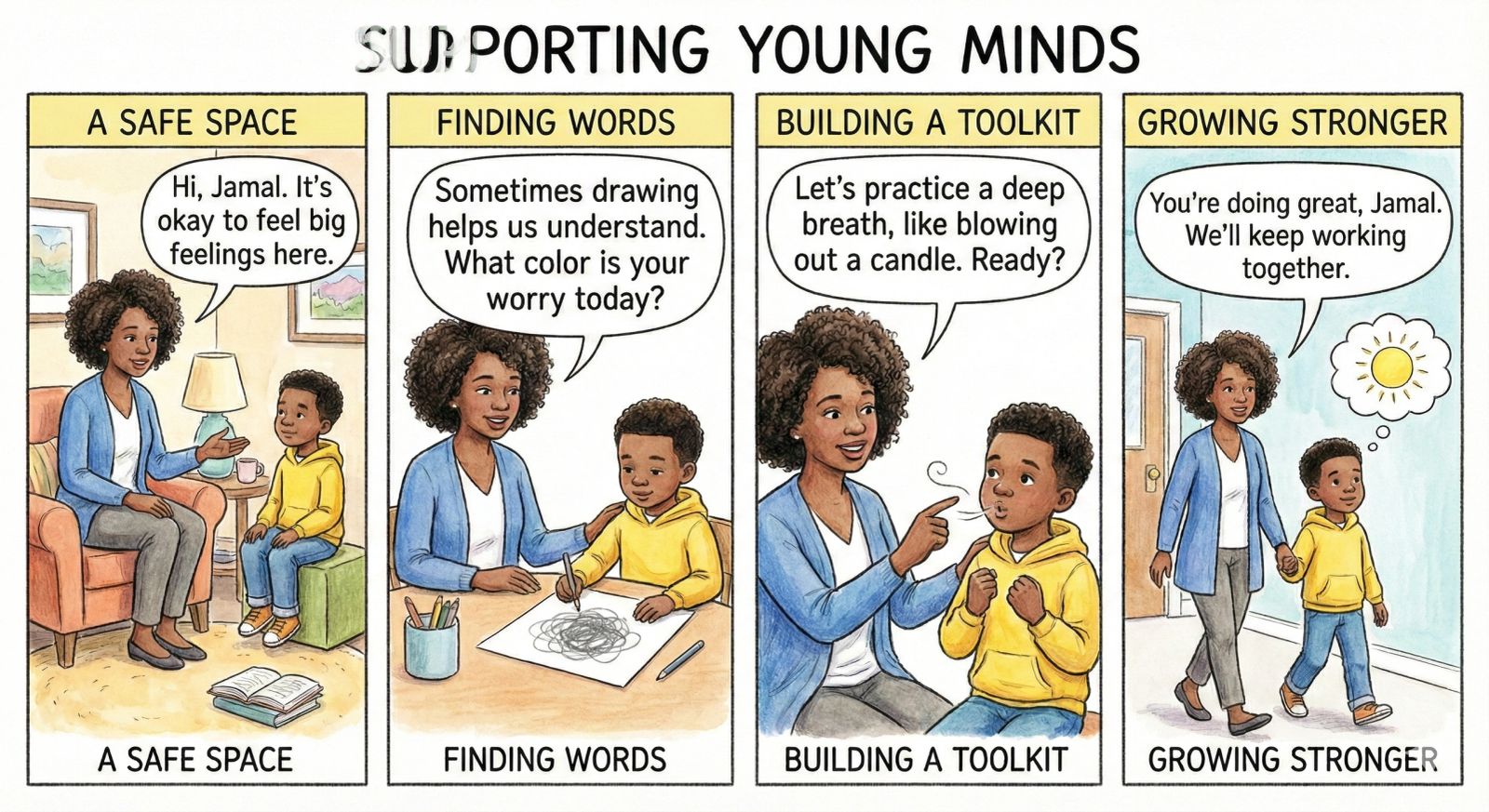 Comic strip: a counselor helps a young boy named Jamal through four steps - a safe space, finding words, building a toolkit, and growing stronger